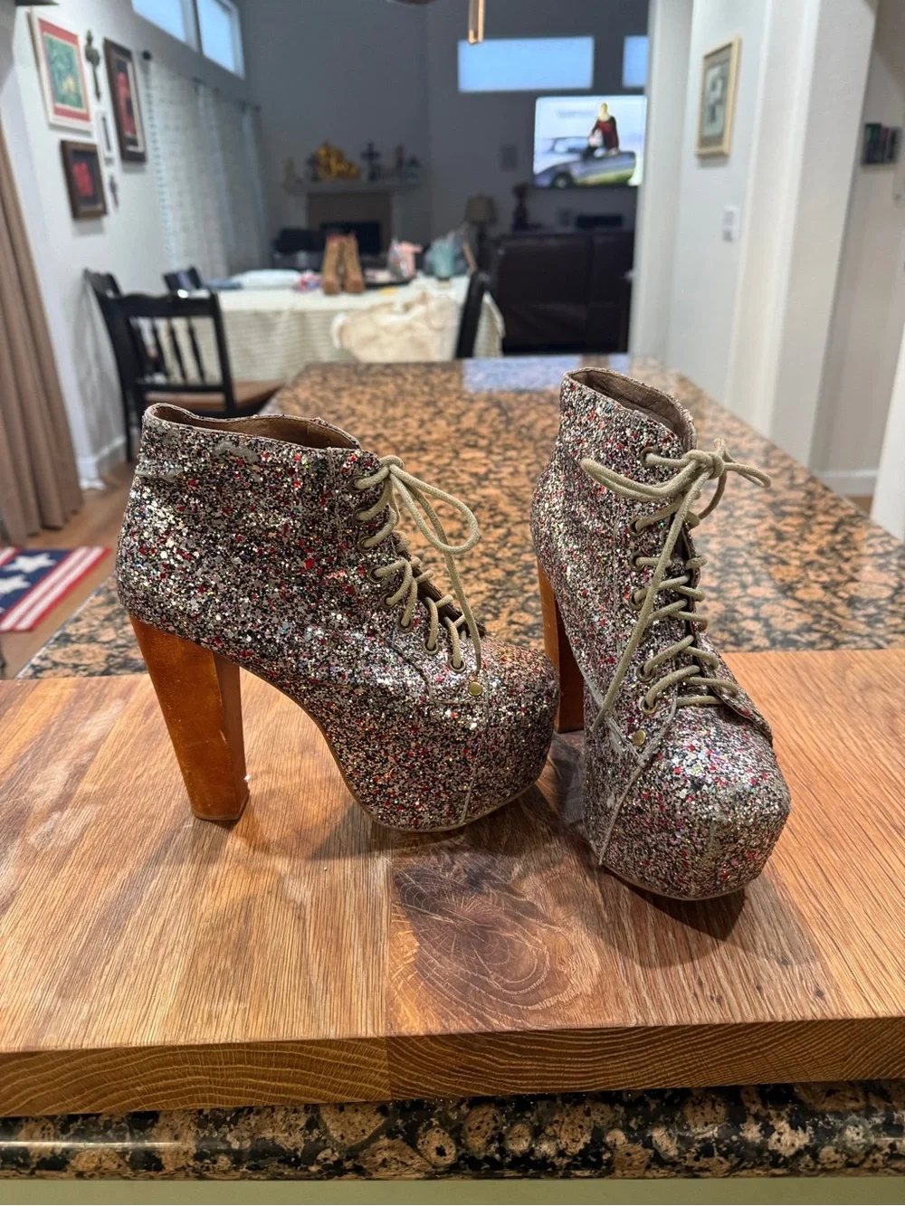 Jeffrey Campbell Multicolor Glitter Lace-Up Platform Ankle Boots